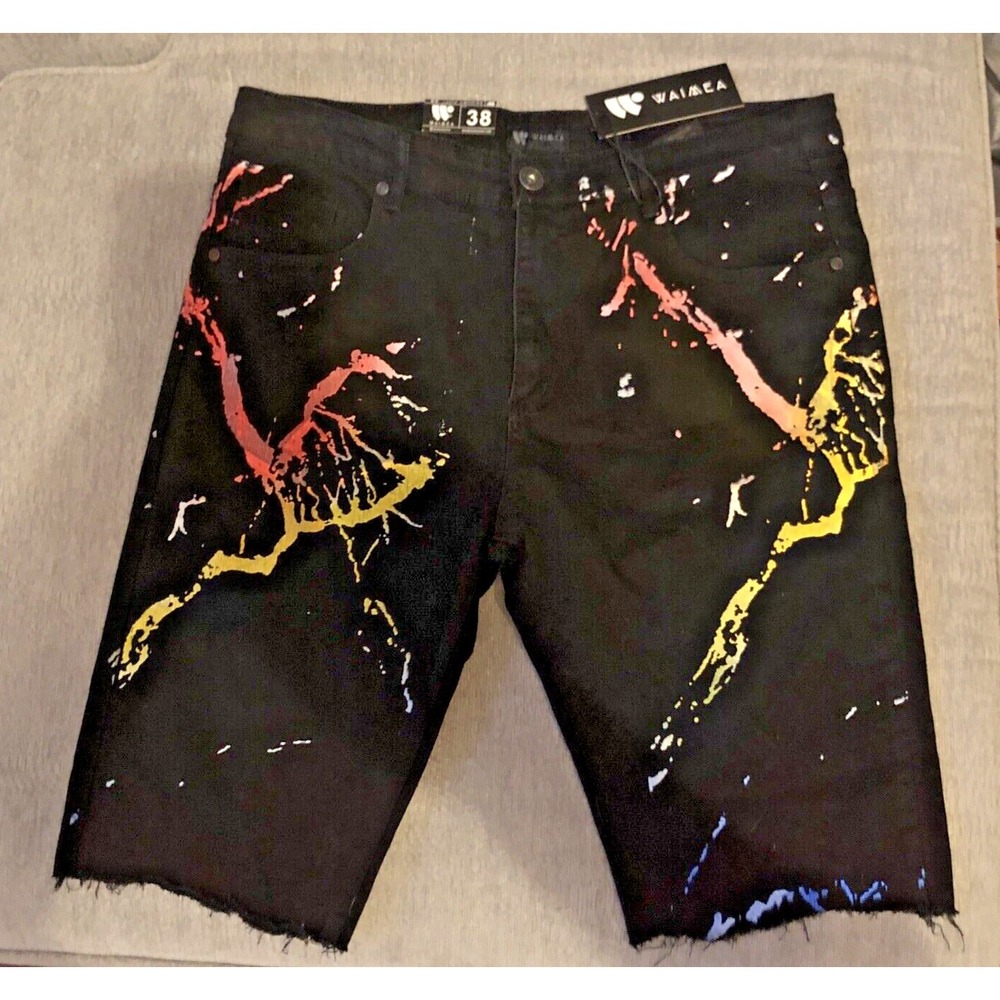 Waimea Men's 38 Skinny Fit Black Splatter Denim Shorts Distressed Fray Hem NWT
